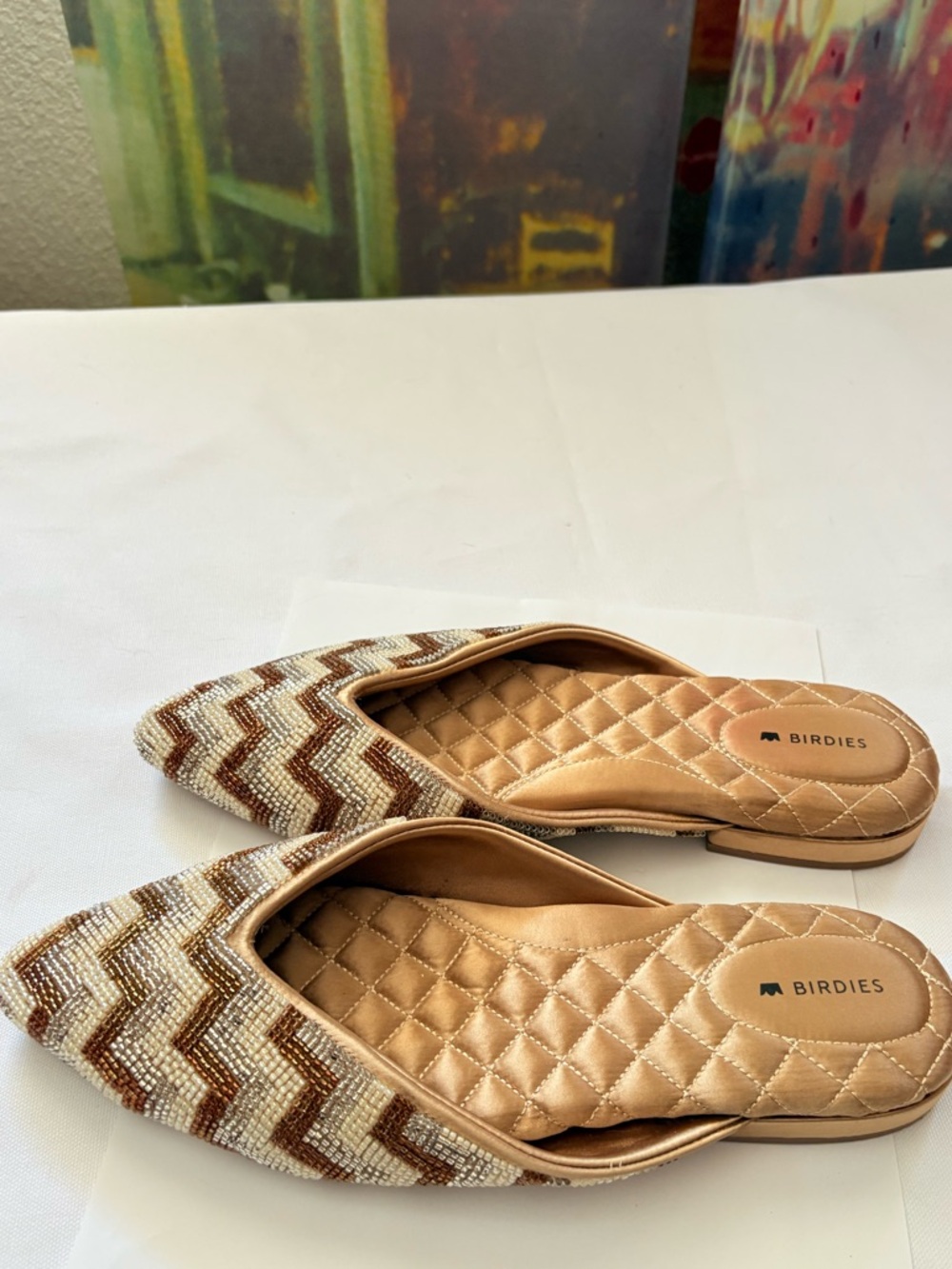 Birdies The Swan Beaded Chevron Pointed Mules - Gold, Brown - Size 8.5 - Picture 7 of 7